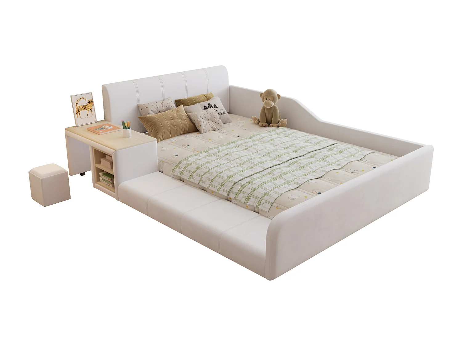 Lit enfant 140x200 cm en velours blanc avec bureau, tabouret et rangements