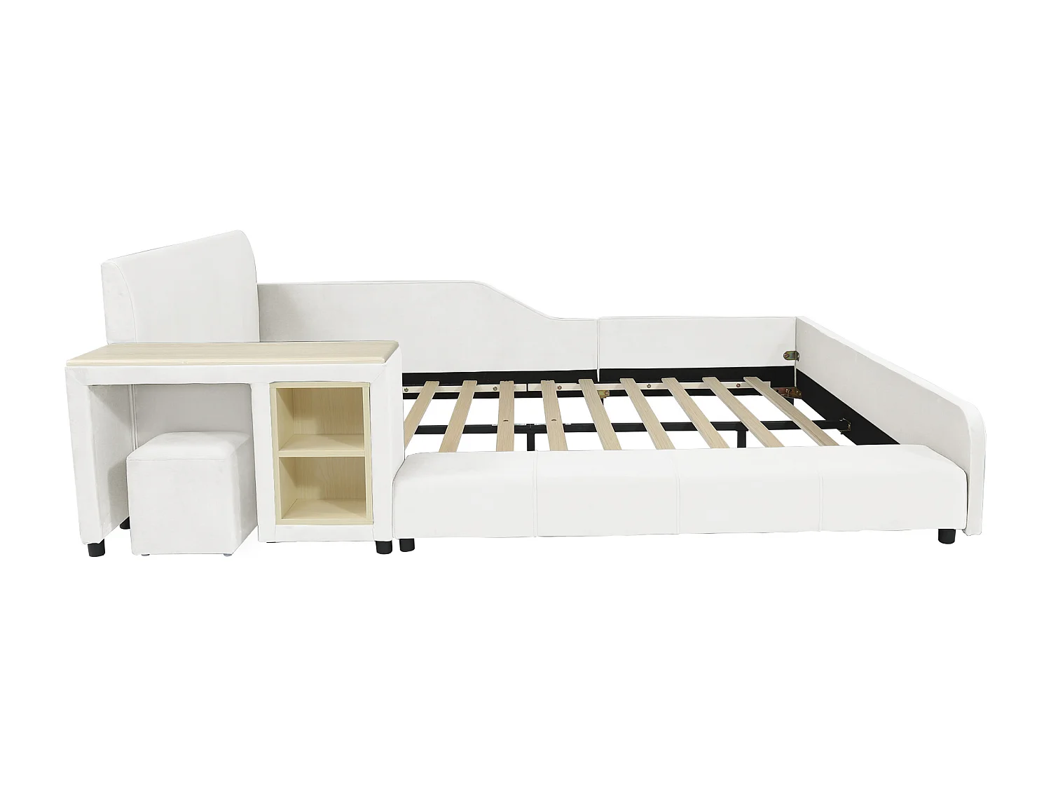 Lit enfant 140x200 cm en velours blanc avec bureau, tabouret et rangements