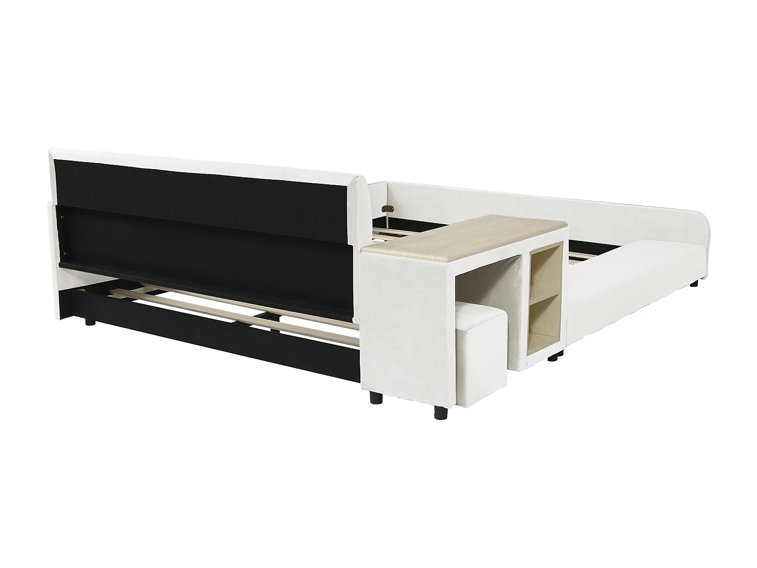 Lit enfant 140x200 cm en velours blanc avec bureau, tabouret et rangements