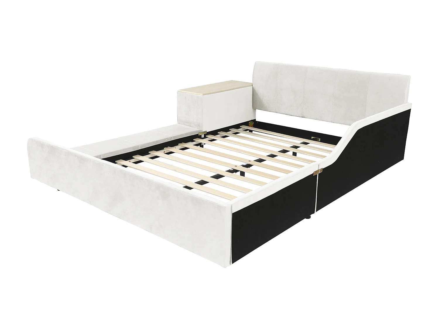 Lit enfant 140x200 cm en velours blanc avec bureau, tabouret et rangements