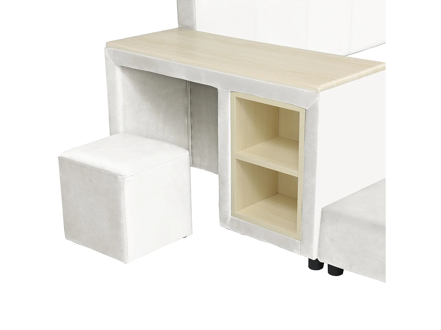 Lit enfant 140x200 cm en velours blanc avec bureau, tabouret et rangements