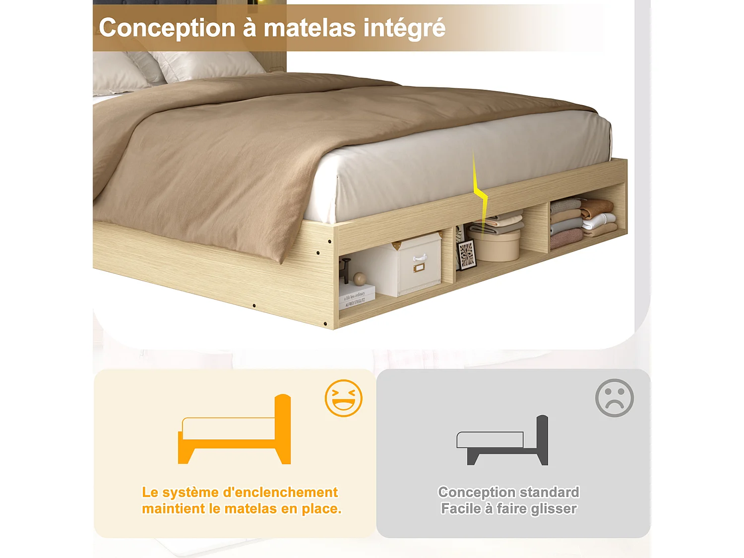 Cama de casal 180 x 200 cm com USB, Tipo-C e 2 mesas de cabeceira - Cor madeira clara