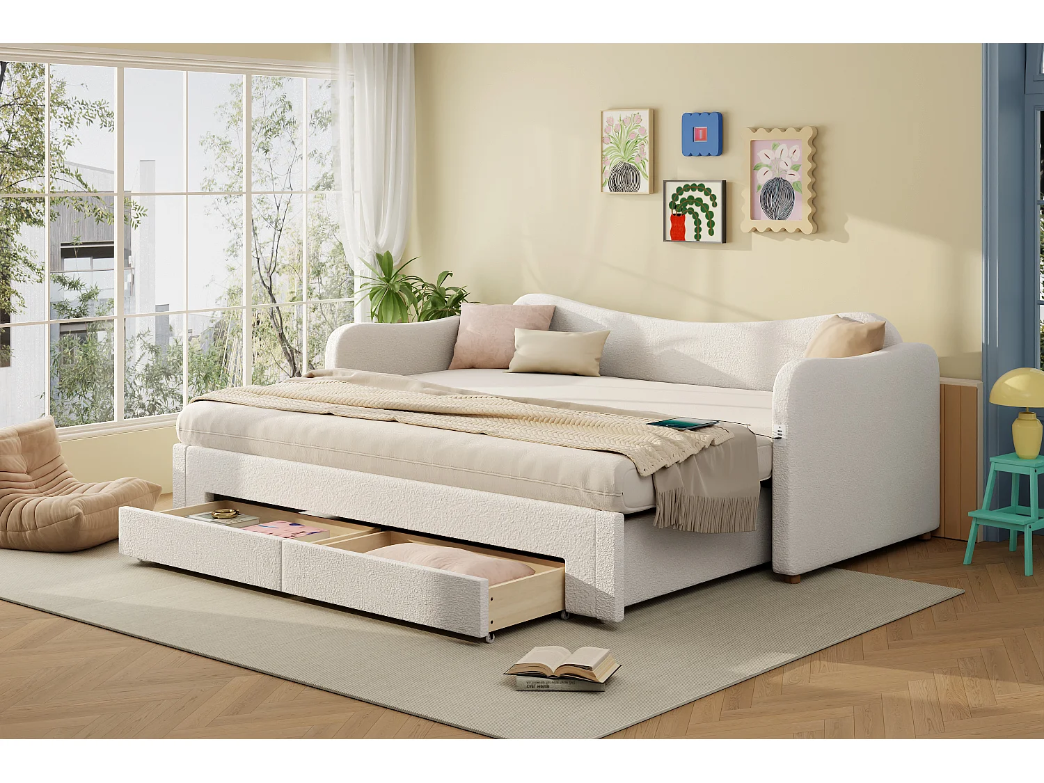 Lit banquette 90x200 cm extensible 180x200 cm - Lit adulte avec 2 tiroirs et port USB - Beige Bouclé