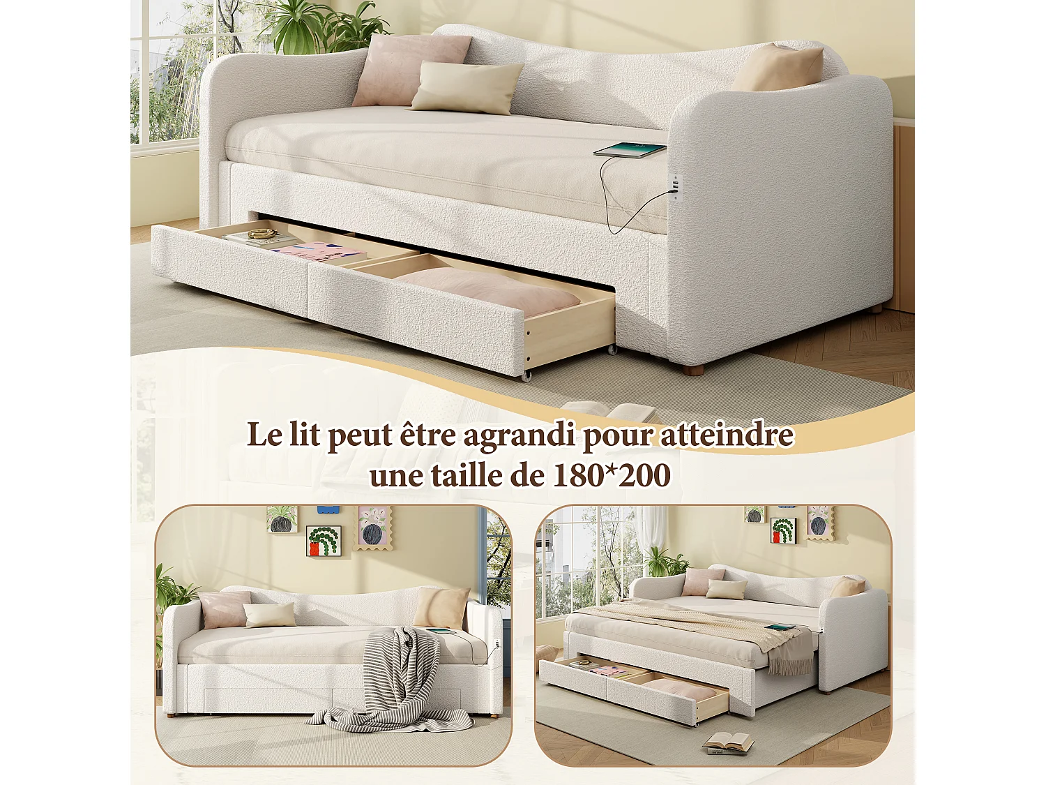Lit banquette 90x200 cm extensible 180x200 cm - Lit adulte avec 2 tiroirs et port USB - Beige Bouclé