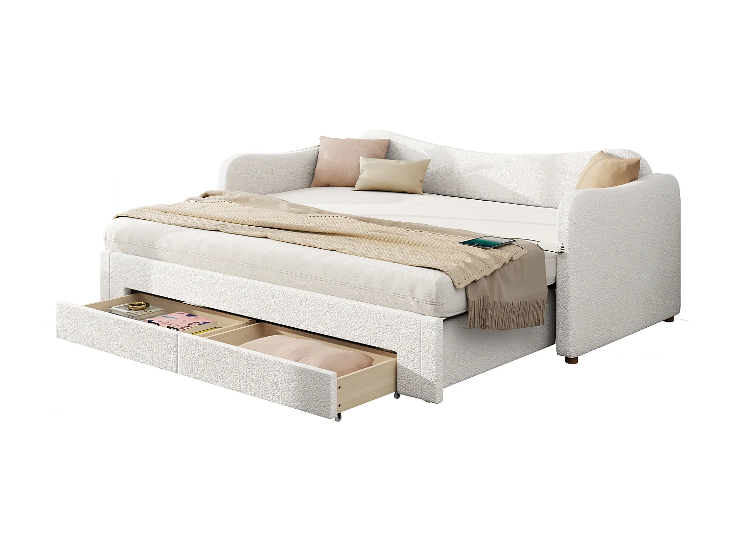 Lit banquette 90x200 cm extensible 180x200 cm - Lit adulte avec 2 tiroirs et port USB - Beige Bouclé