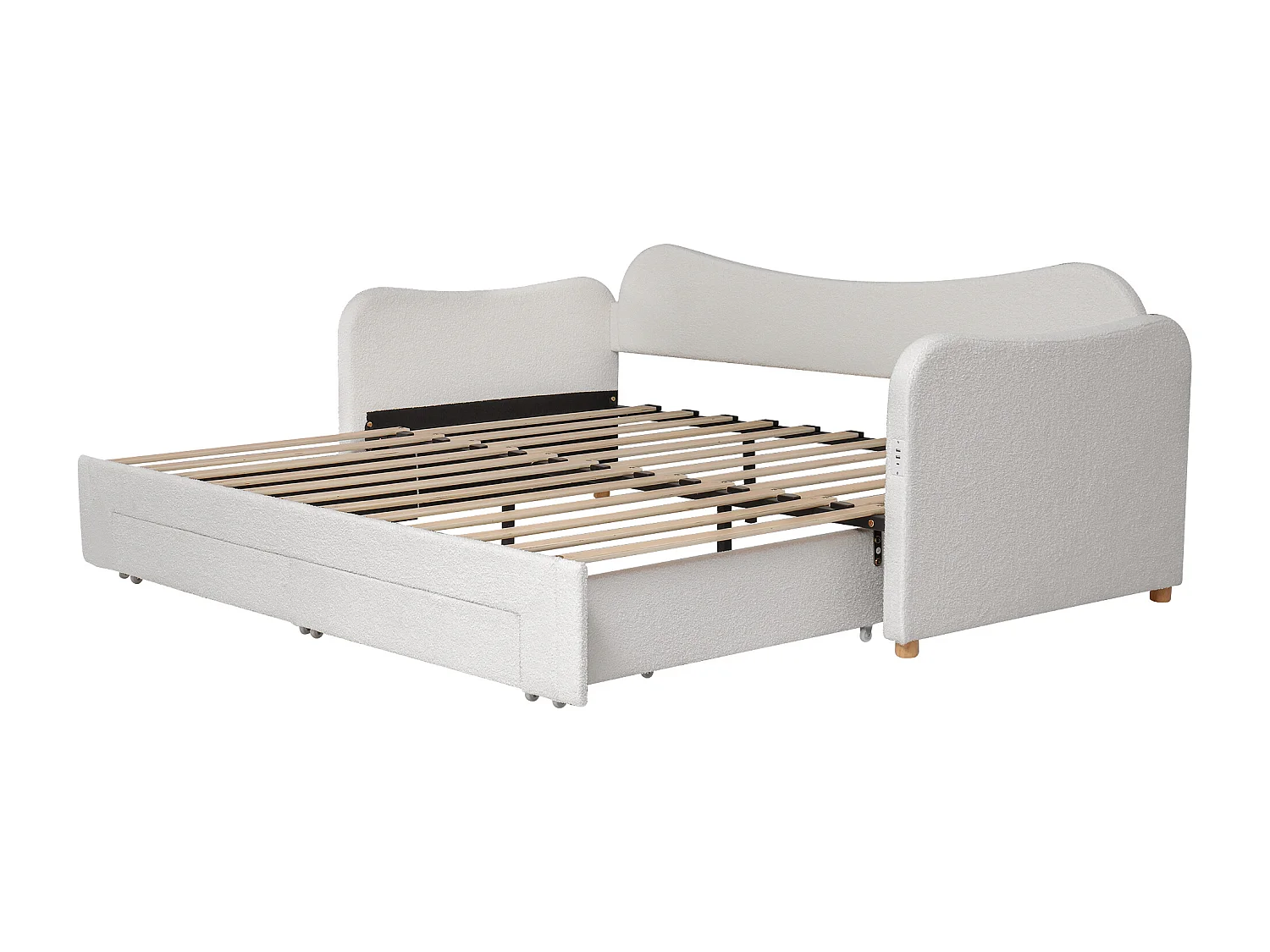 Lit banquette 90x200 cm extensible 180x200 cm - Lit adulte avec 2 tiroirs et port USB - Beige Bouclé