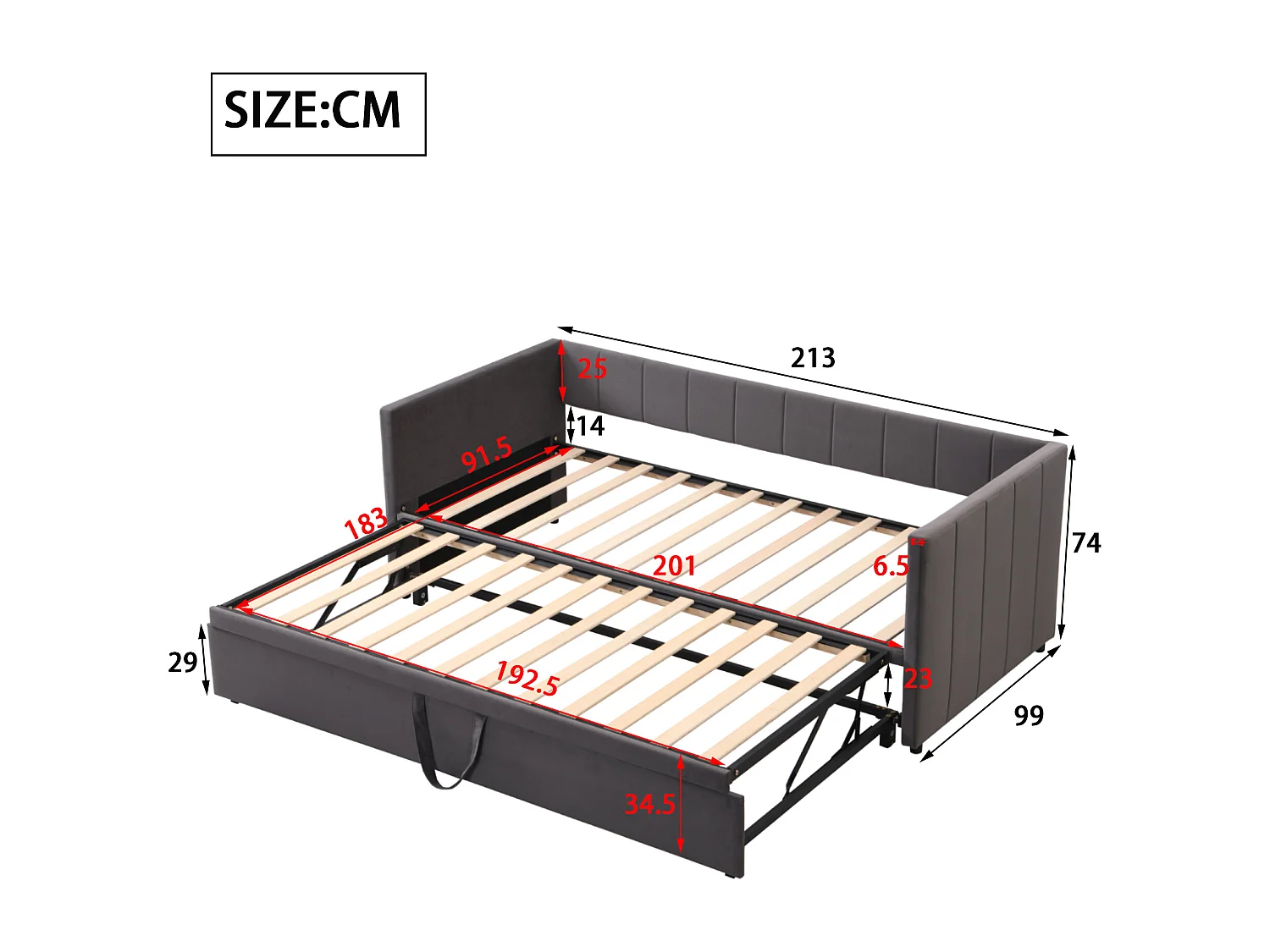 Lit enfant / adulte 90/180x200 cm extensible avec sommier à lattes, velours gris