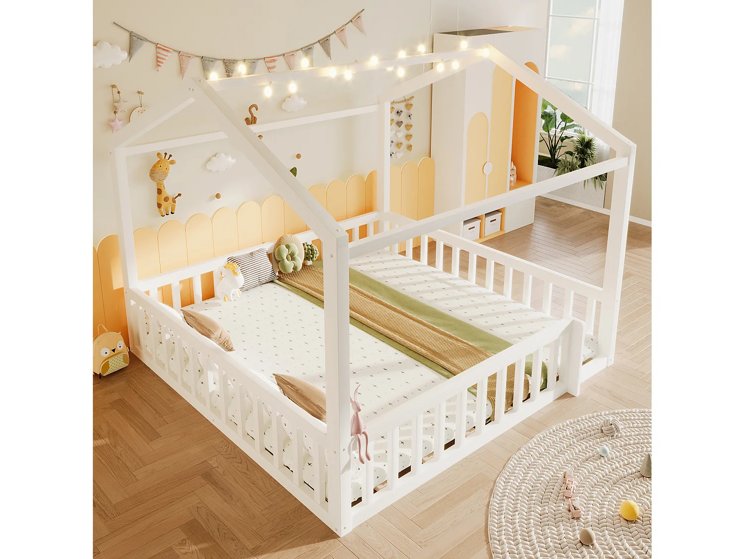 Lit cabane enfant 90x190 cm transformable 180x190 cm avec LED - Blanc