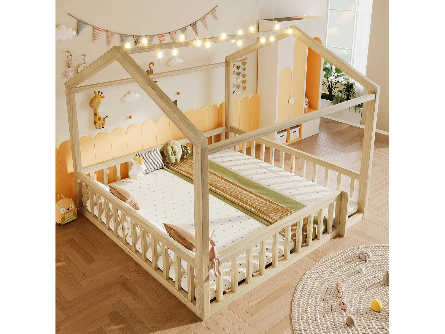 Cama infantil tipo cabana, 90x190 cm, convertível para 180x190 cm, com iluminação LED e luz natural.