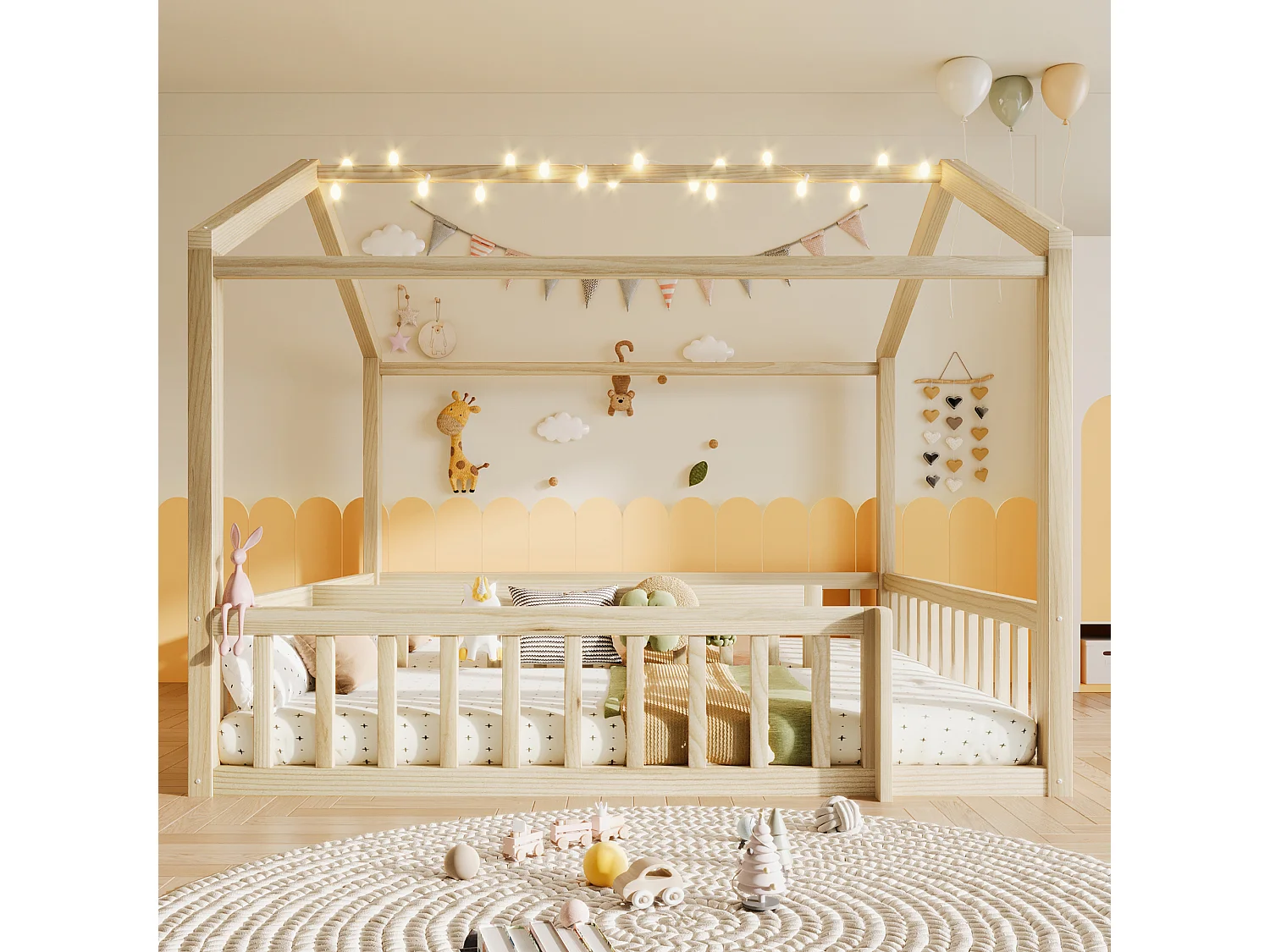 Cama infantil tipo cabana, 90x190 cm, convertível para 180x190 cm, com iluminação LED e luz natural.