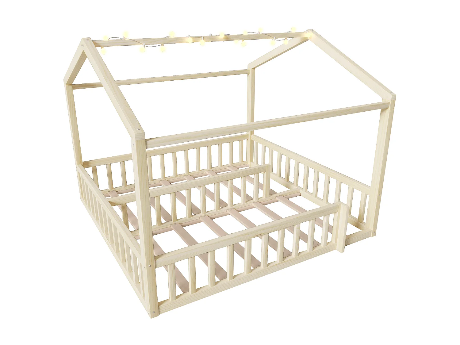 Cama infantil tipo cabana, 90x190 cm, convertível para 180x190 cm, com iluminação LED e luz natural.