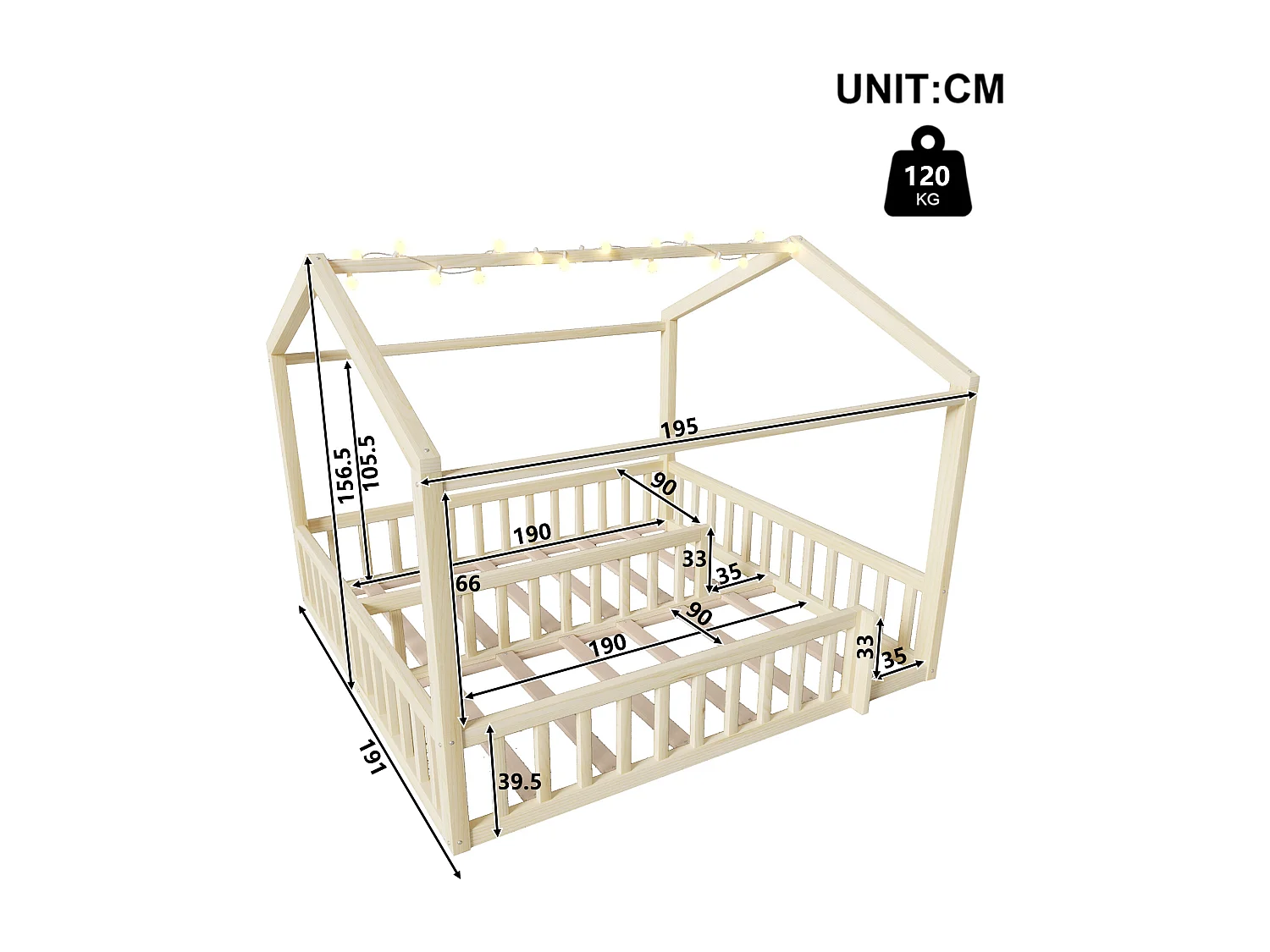 Cama infantil tipo cabana, 90x190 cm, convertível para 180x190 cm, com iluminação LED e luz natural.
