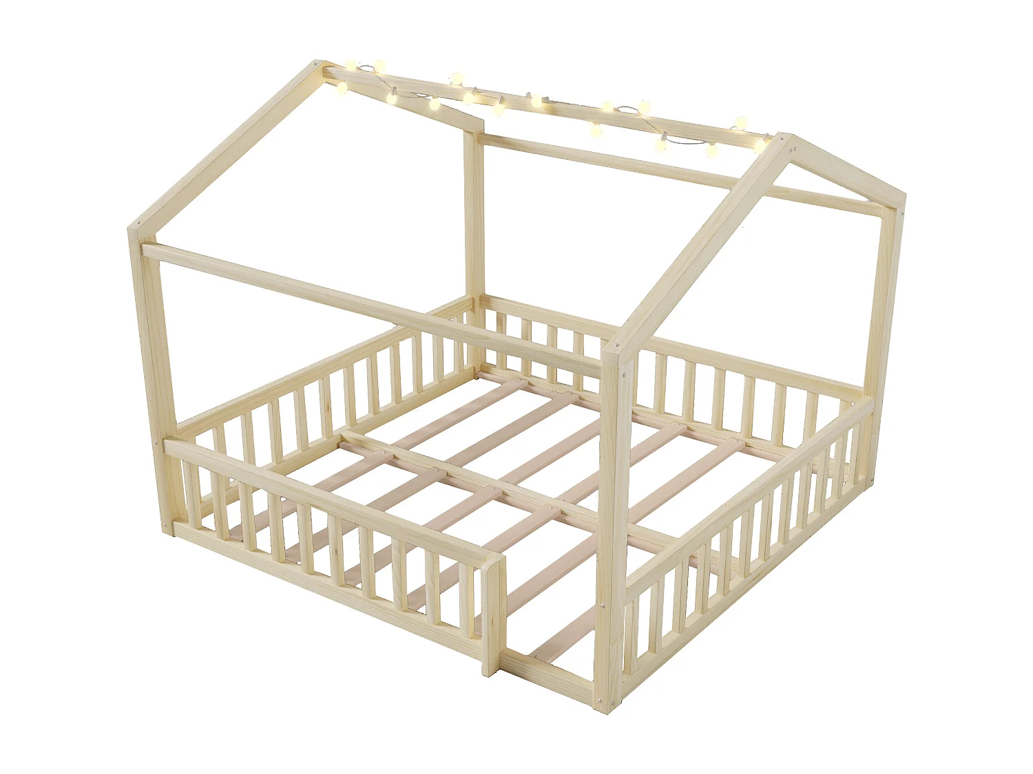Cama infantil tipo cabana, 90x190 cm, convertível para 180x190 cm, com iluminação LED e luz natural.