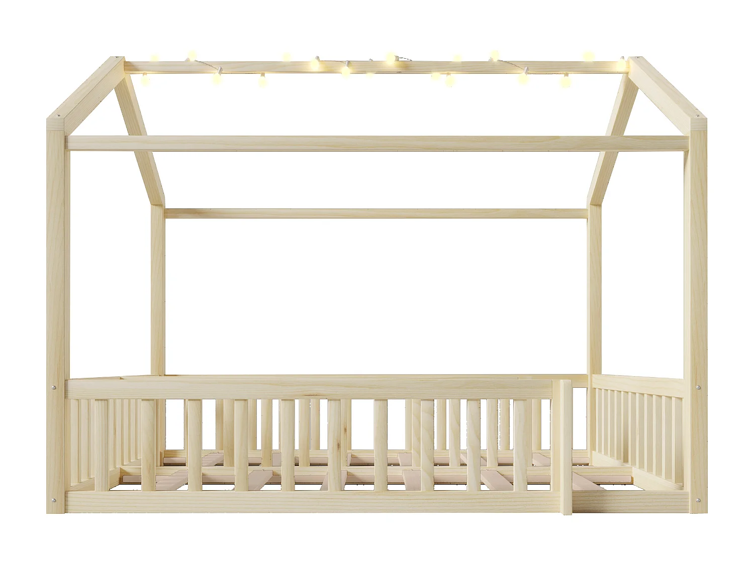 Cama infantil tipo cabana, 90x190 cm, convertível para 180x190 cm, com iluminação LED e luz natural.