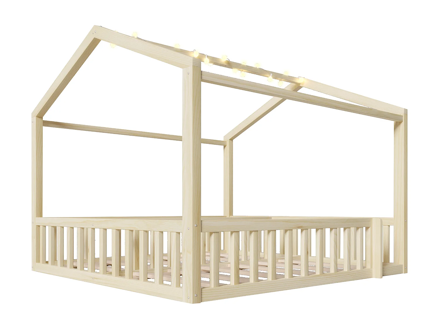 Cama infantil tipo cabana, 90x190 cm, convertível para 180x190 cm, com iluminação LED e luz natural.