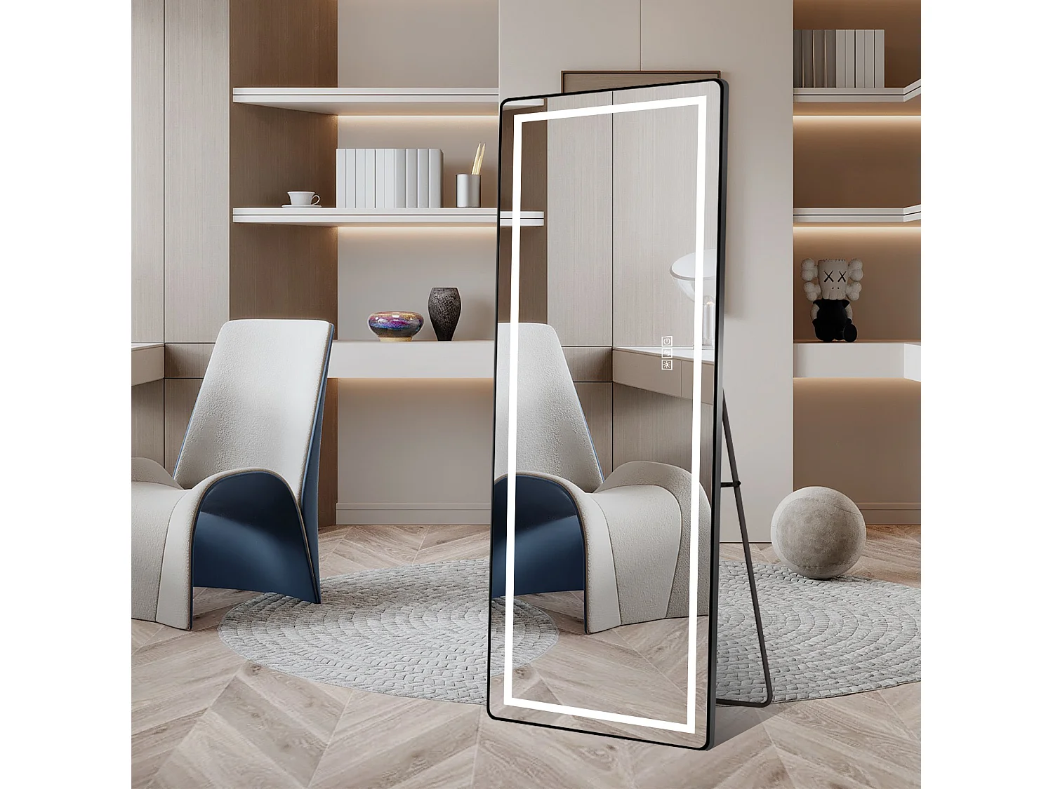 Miroir LED sur pied ou mural 163 x 54 cm, cadre métal noir, miroir argenté