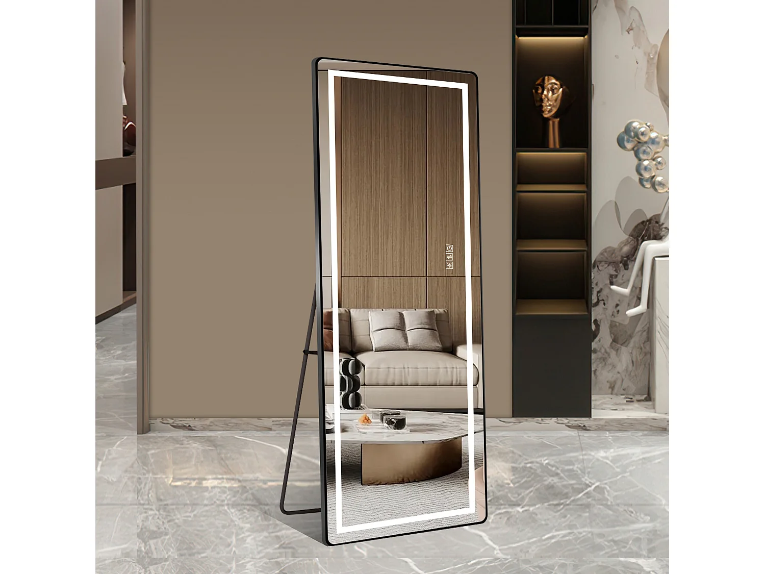 Miroir LED sur pied ou mural 163 x 54 cm, cadre métal noir, miroir argenté
