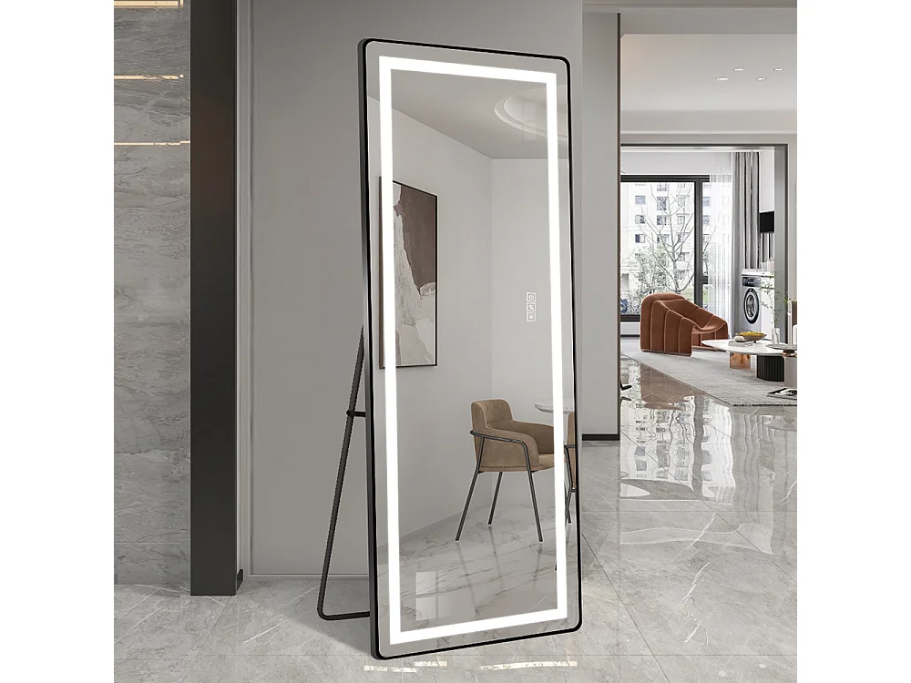 Miroir LED sur pied ou mural 163 x 54 cm, cadre métal noir, miroir argenté