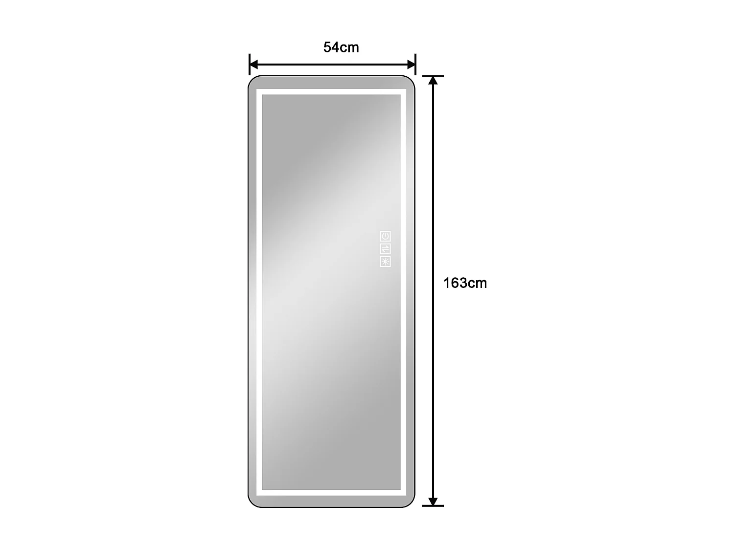 Miroir LED sur pied ou mural 163 x 54 cm, cadre métal noir, miroir argenté