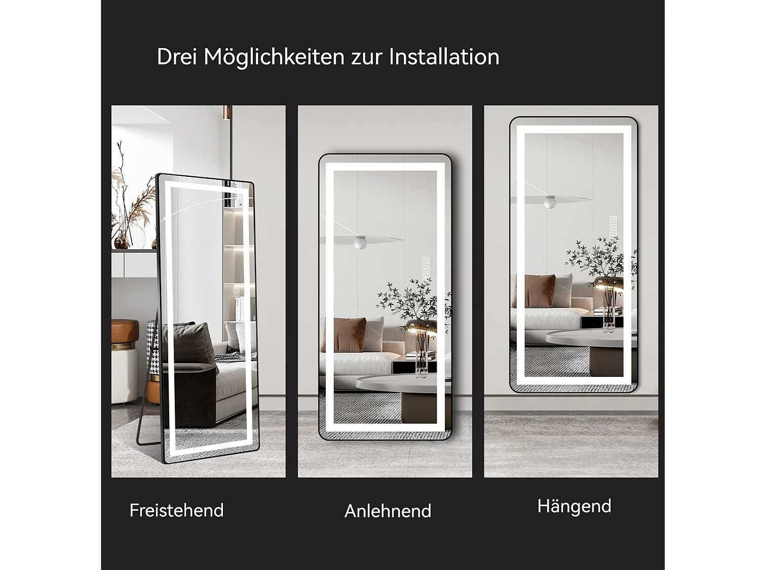 Miroir LED sur pied ou mural 163 x 54 cm, cadre métal noir, miroir argenté