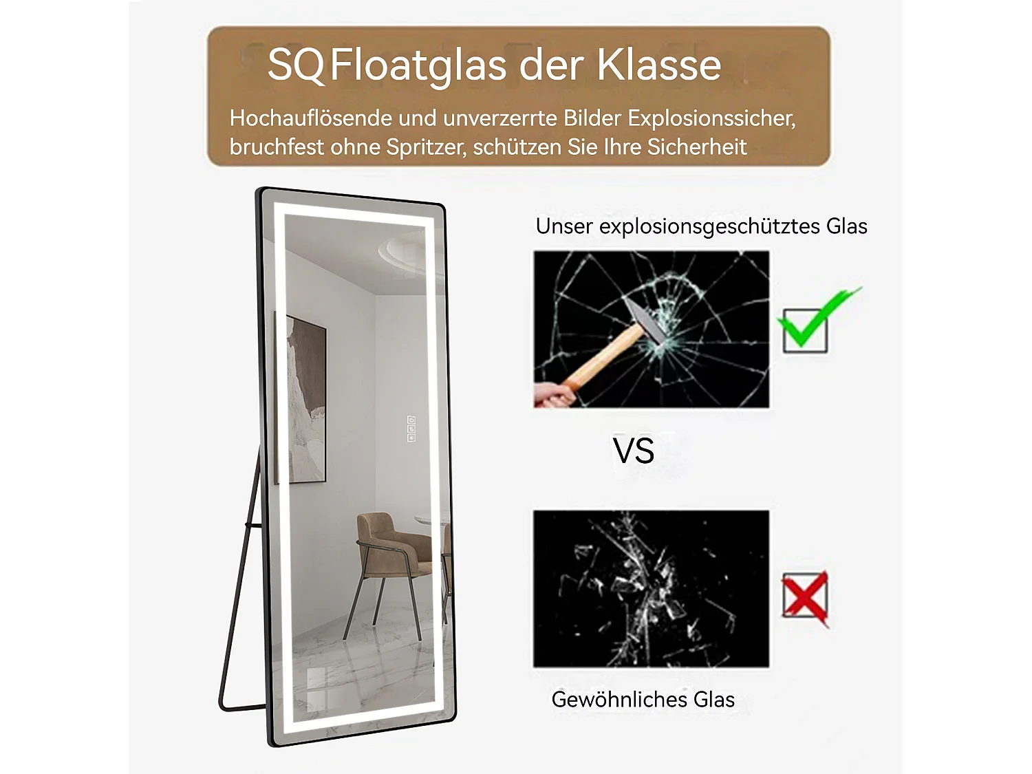 Miroir LED sur pied ou mural 163 x 54 cm, cadre métal noir, miroir argenté