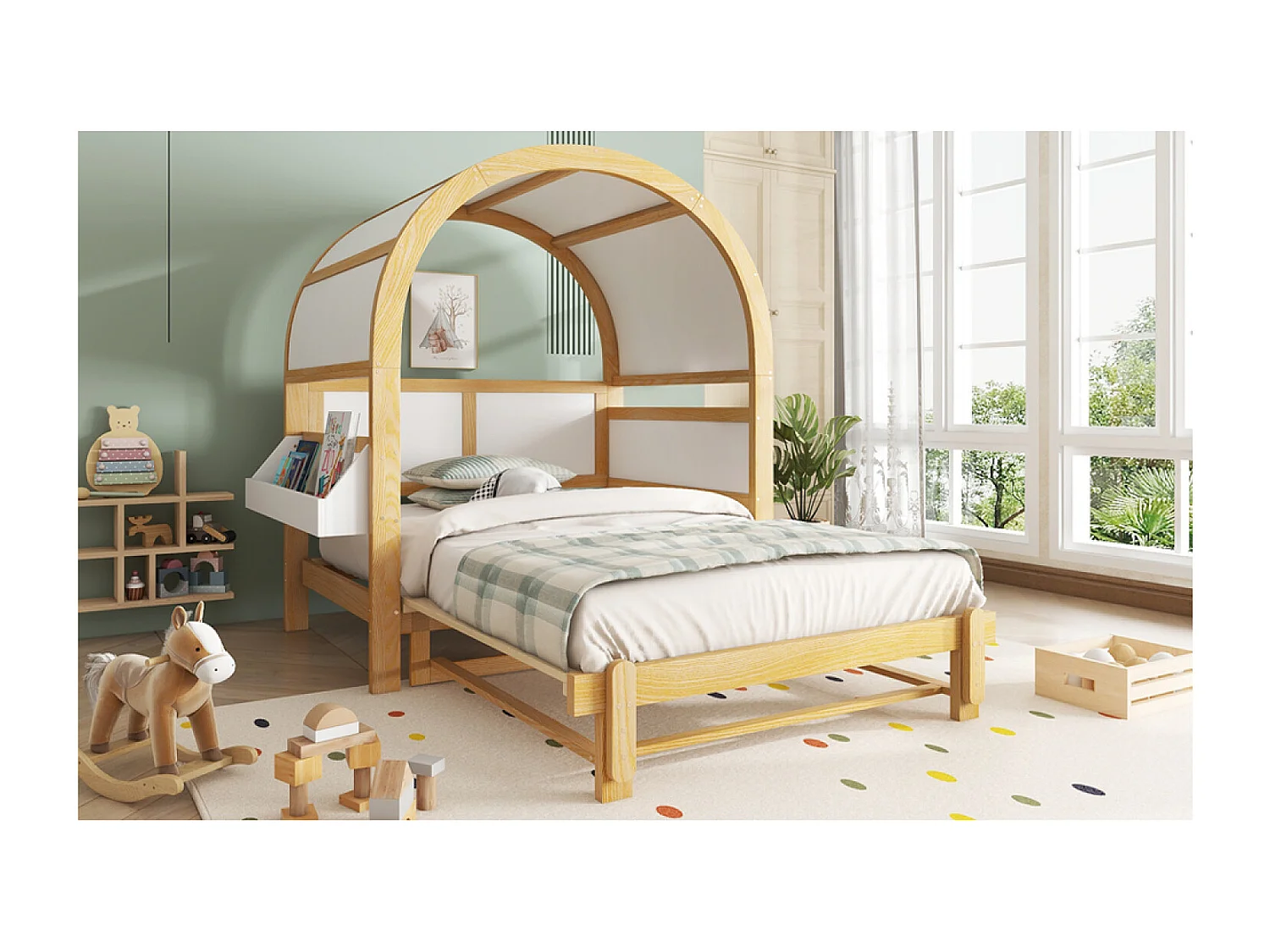 Uitschuifbaar kinderbed in kajuitvorm 140x100/200 cm met opbergruimte aan de zijkant - Wit en licht naturel