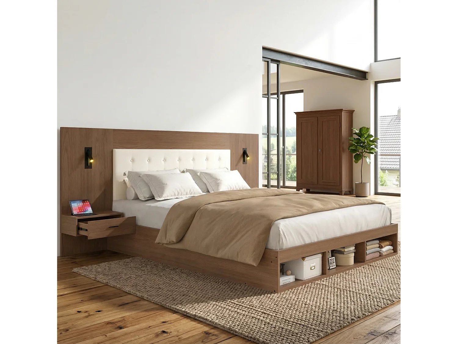 Cama de casal 180 x 200 cm com USB, Tipo-C e 2 mesas de cabeceira - Cor nogueira