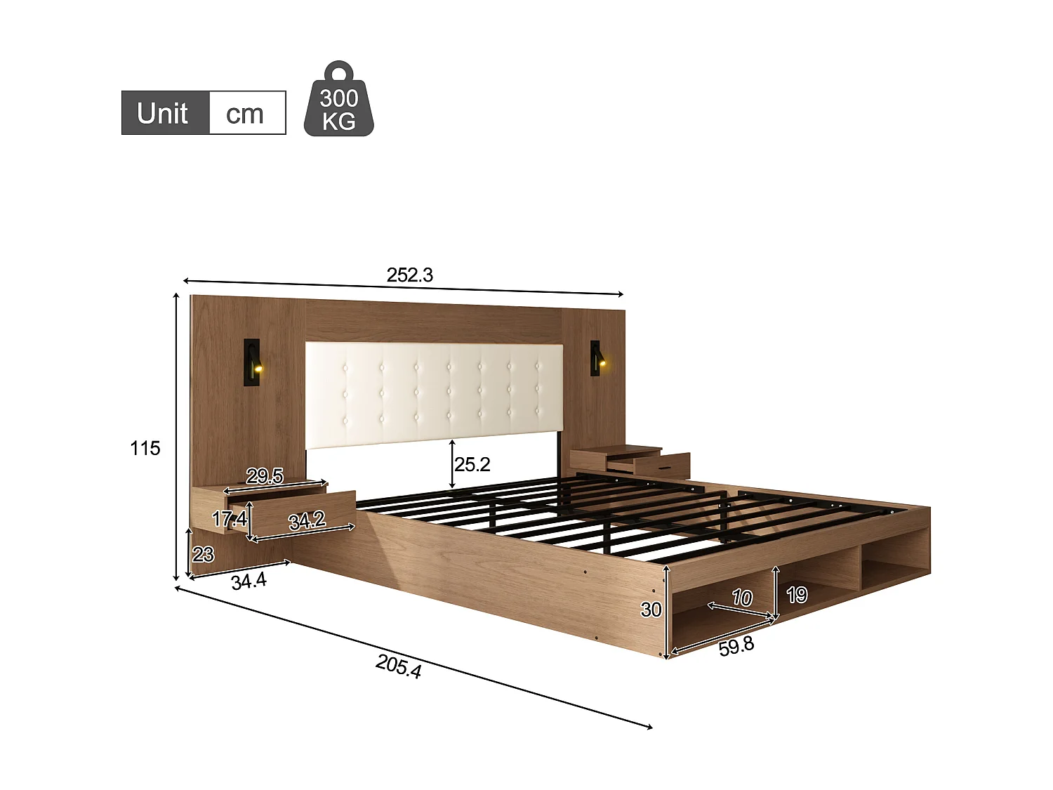 Cama de casal 180 x 200 cm com USB, Tipo-C e 2 mesas de cabeceira - Cor nogueira
