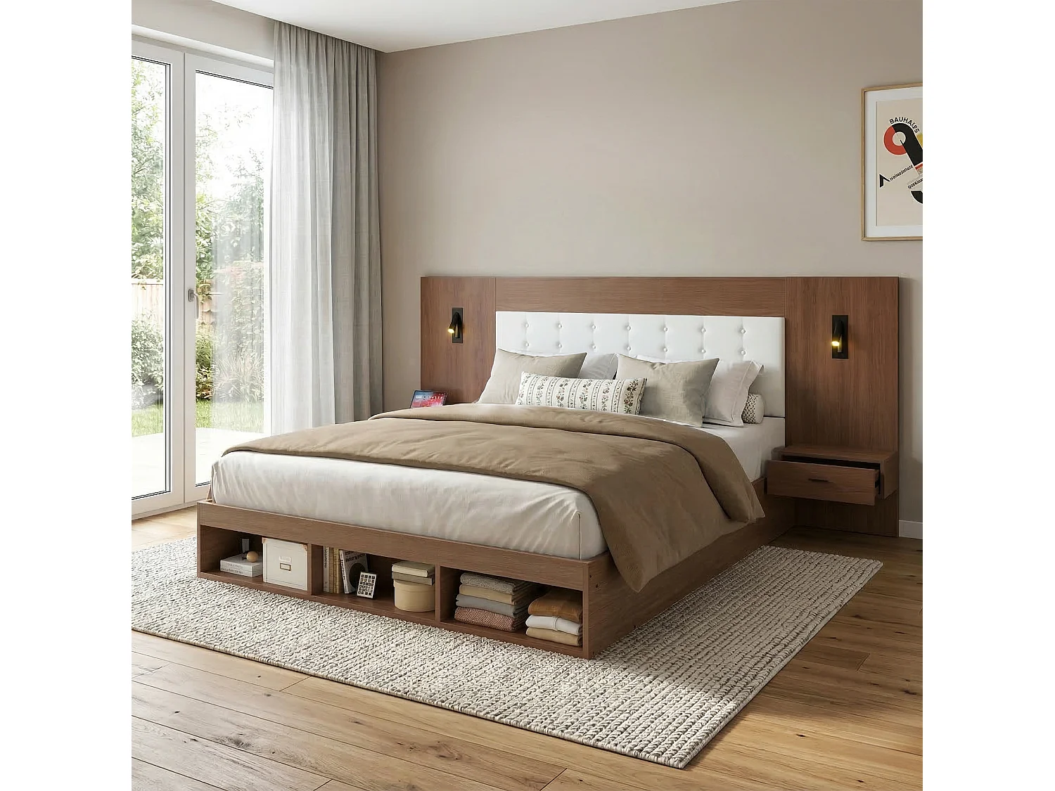 Cama de casal 180 x 200 cm com USB, Tipo-C e 2 mesas de cabeceira - Cor nogueira