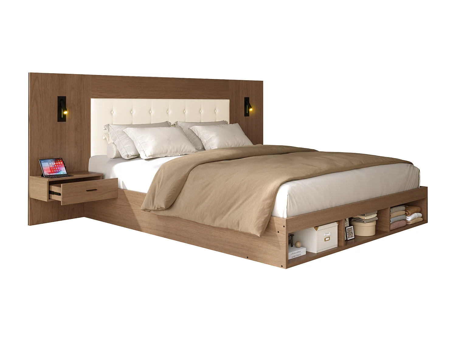 Cama de casal 180 x 200 cm com USB, Tipo-C e 2 mesas de cabeceira - Cor nogueira