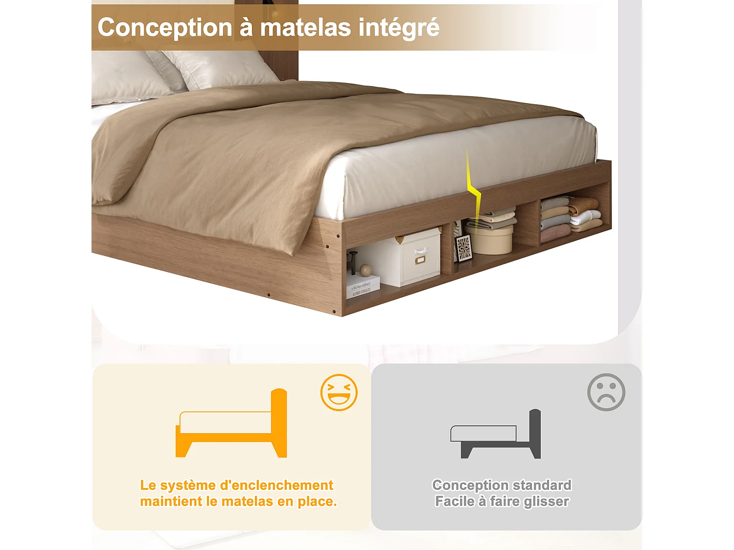 Cama de casal 180 x 200 cm com USB, Tipo-C e 2 mesas de cabeceira - Cor nogueira