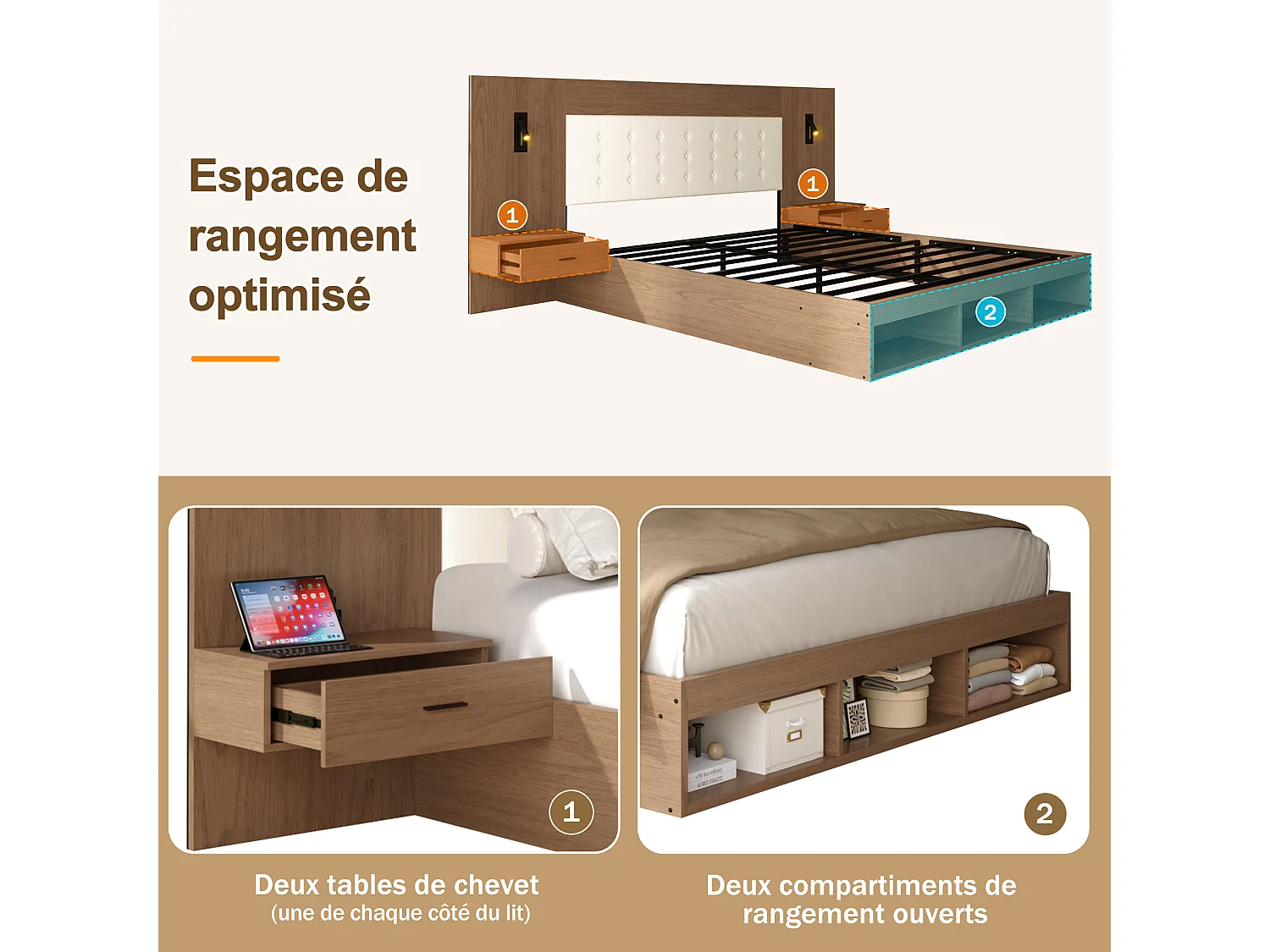 Cama de casal 180 x 200 cm com USB, Tipo-C e 2 mesas de cabeceira - Cor nogueira