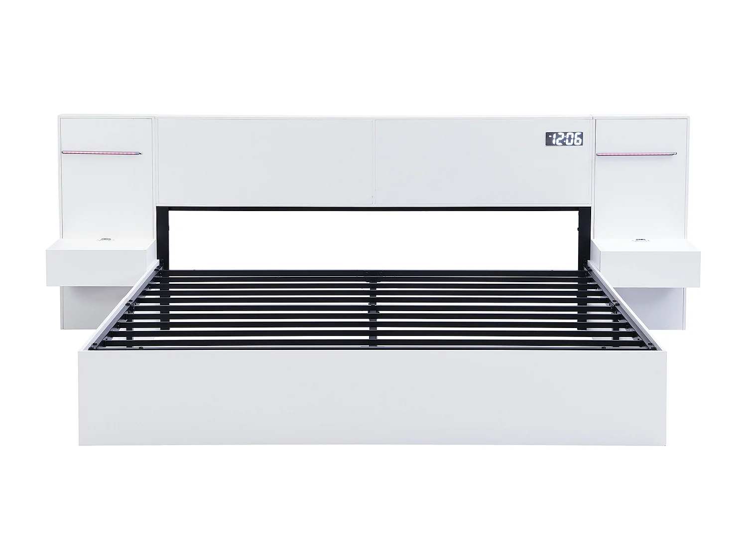 Lit double 160 x 200 cm avec port USB, enceinte Bluetooth et 2 tables de chevet (sans tiroirs) - Blanc
