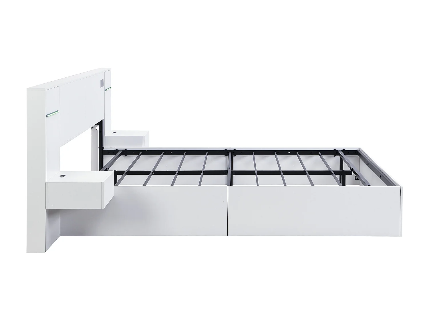 Lit double 160 x 200 cm avec port USB, enceinte Bluetooth et 2 tables de chevet (sans tiroirs) - Blanc