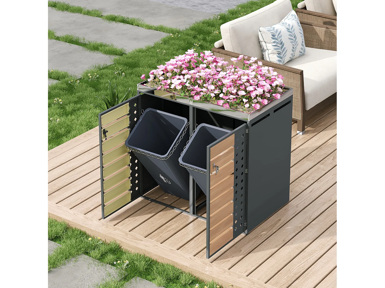 Abri pour 2 poubelles avec verrouillable - Panneau grain de bois - Gris et bois