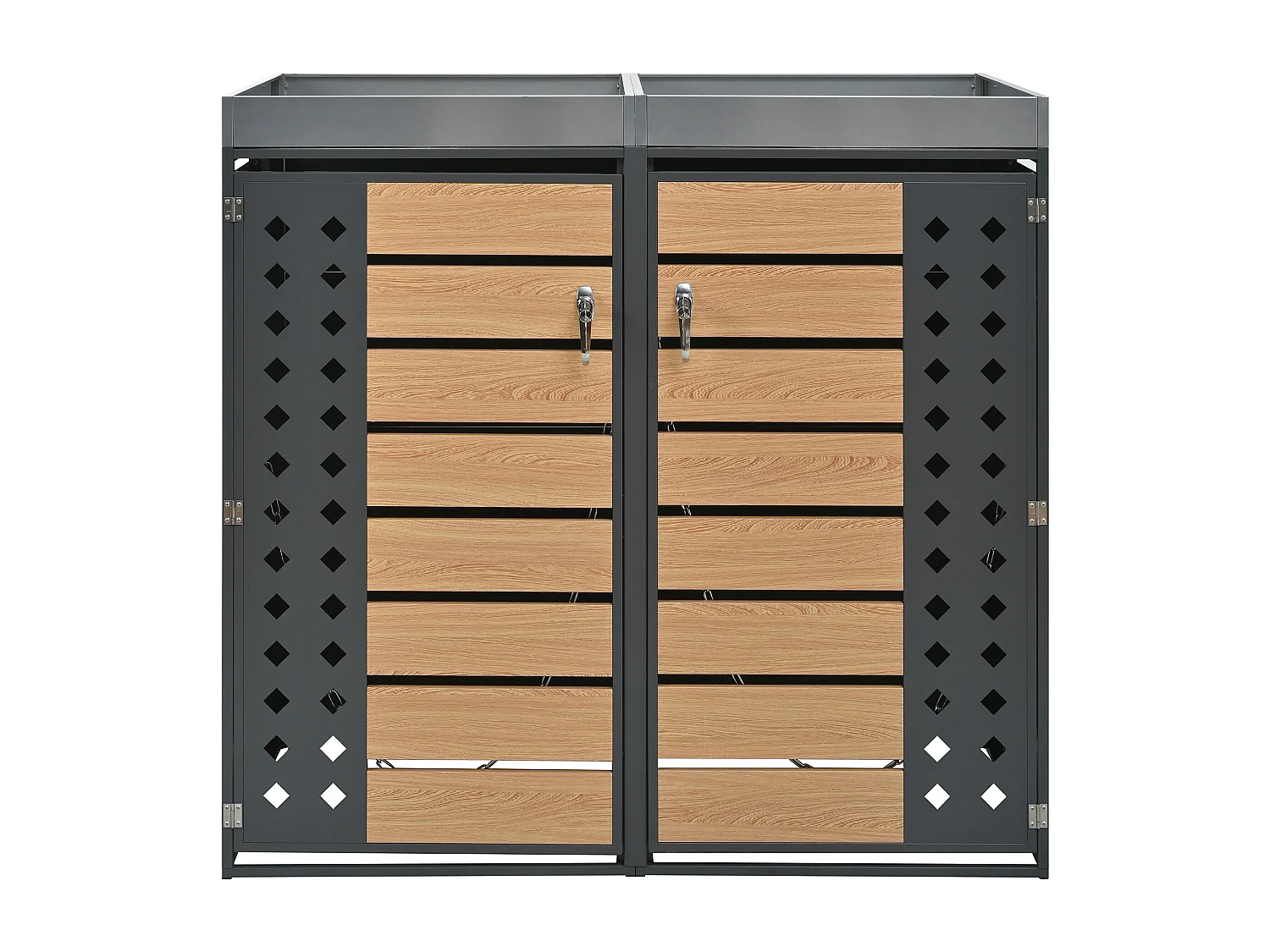 Abri pour 2 poubelles avec verrouillable - Panneau grain de bois - Gris et bois