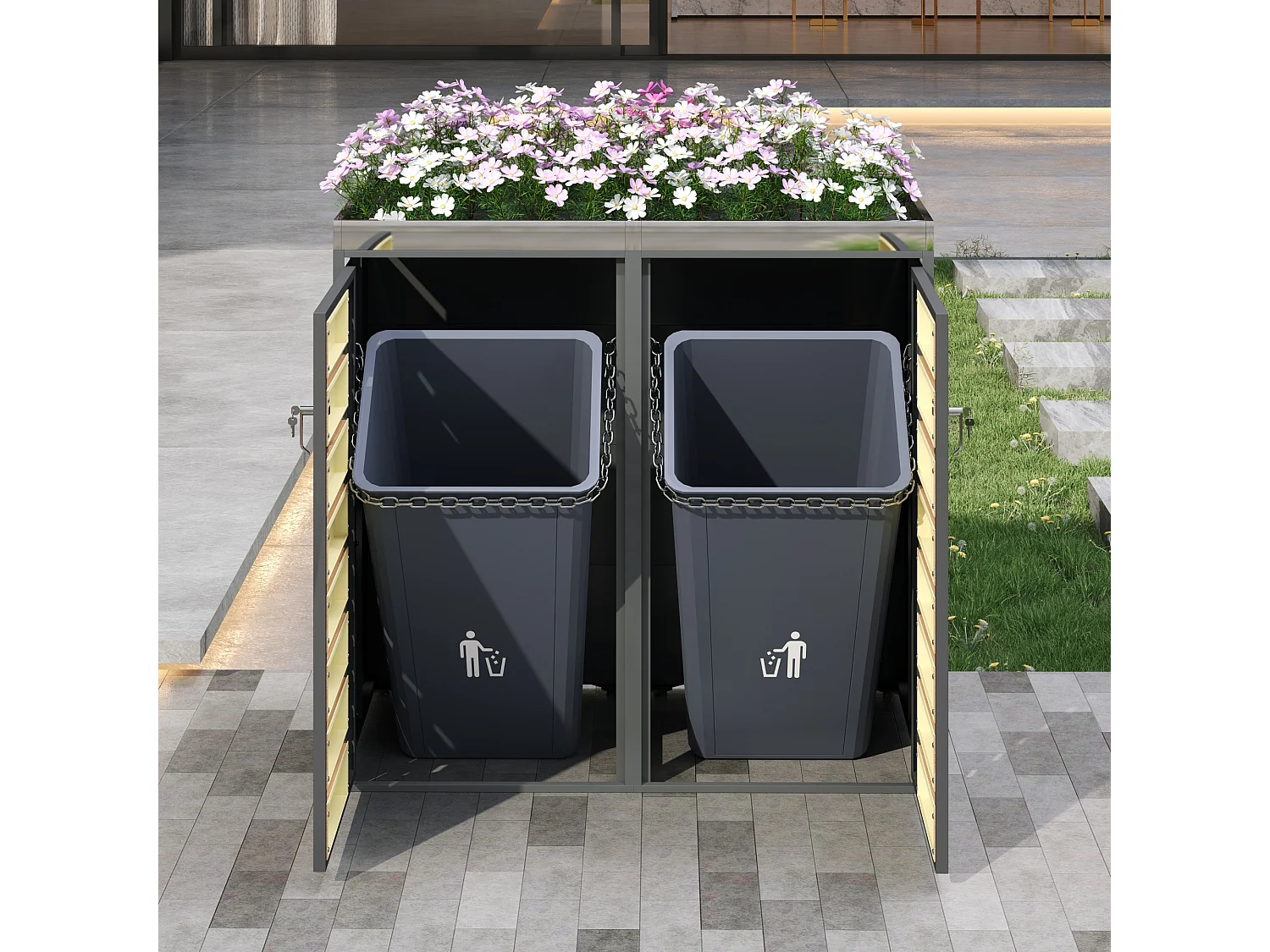 Abri pour 2 poubelles avec verrouillable - Panneau grain de bois - Gris et bois