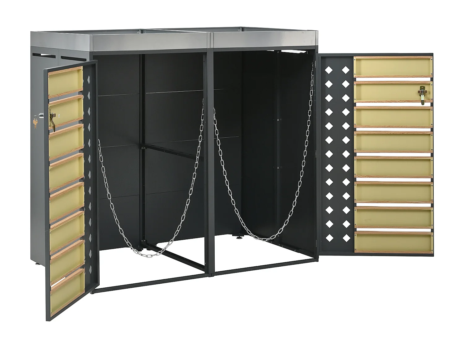 Abri pour 2 poubelles avec verrouillable - Panneau grain de bois - Gris et bois