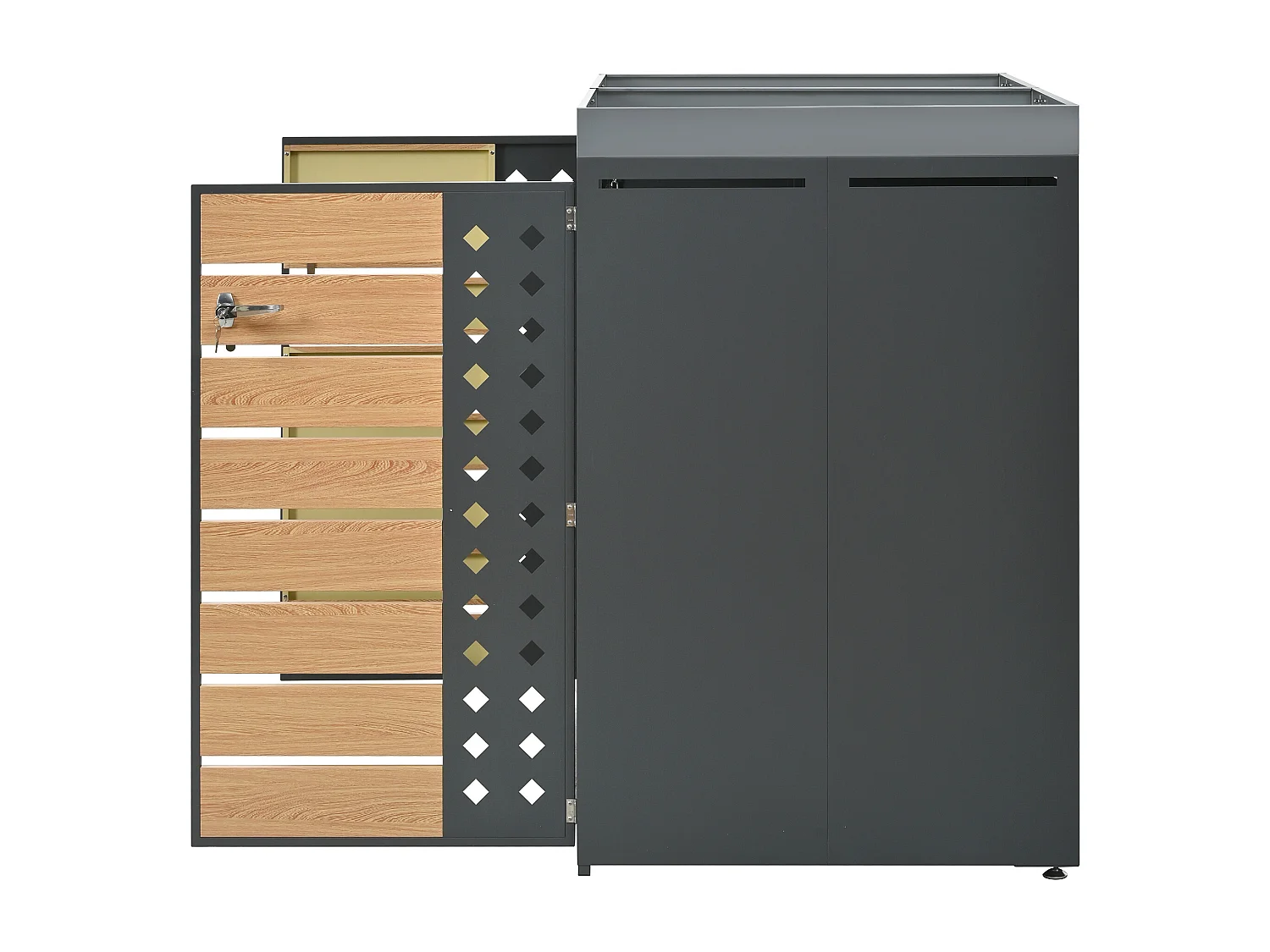 Abri pour 2 poubelles avec verrouillable - Panneau grain de bois - Gris et bois