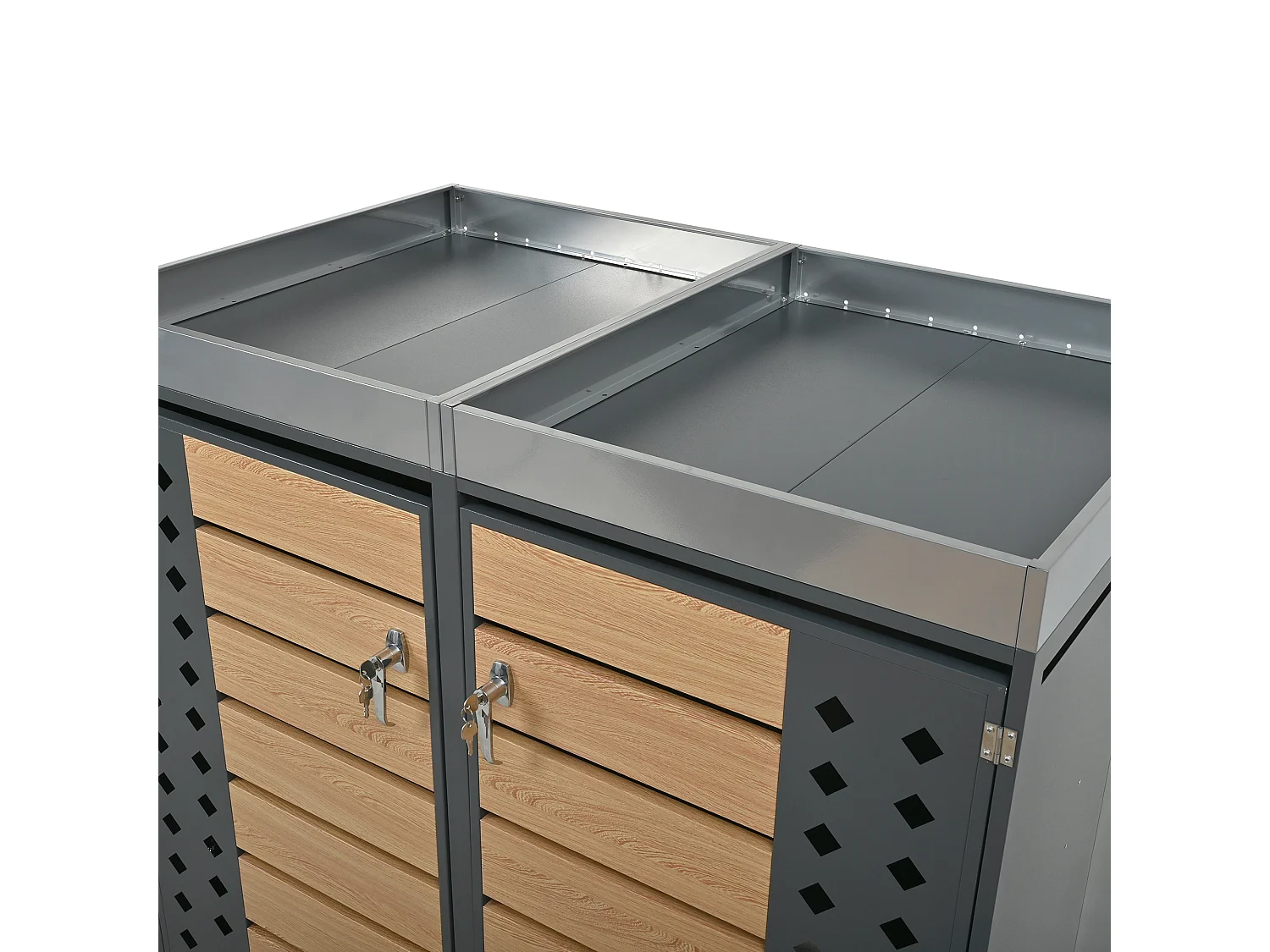 Abri pour 2 poubelles avec verrouillable - Panneau grain de bois - Gris et bois