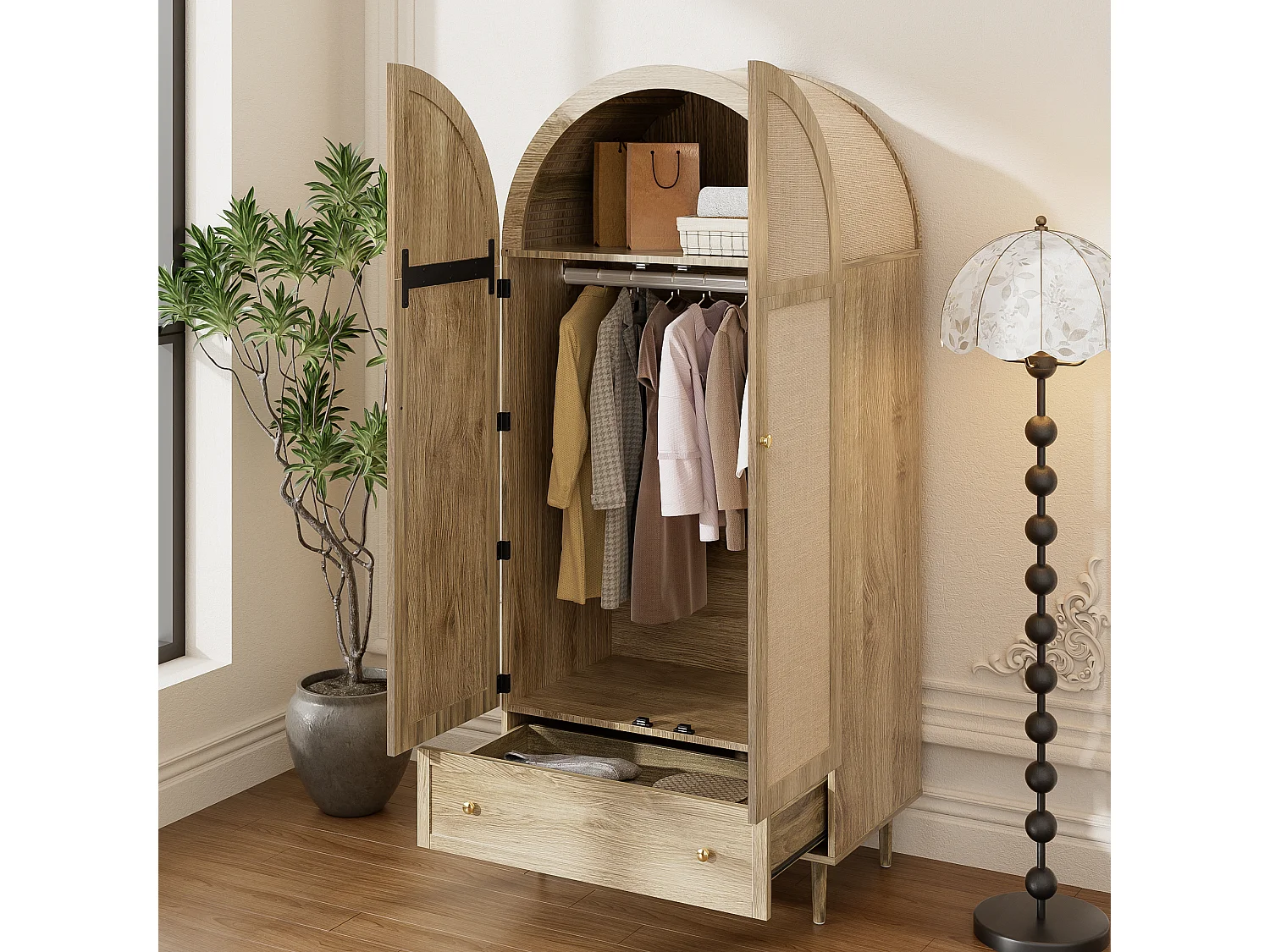 Armoire avec tiroir et 2 portes en bois recouvertes de lin - Naturel clair