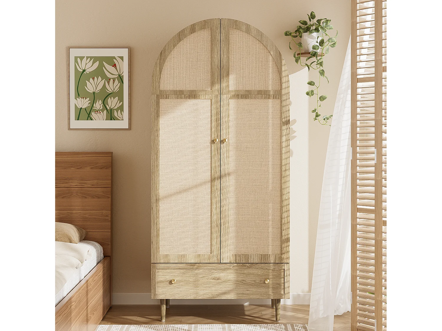 Armoire avec tiroir et 2 portes en bois recouvertes de lin - Naturel clair