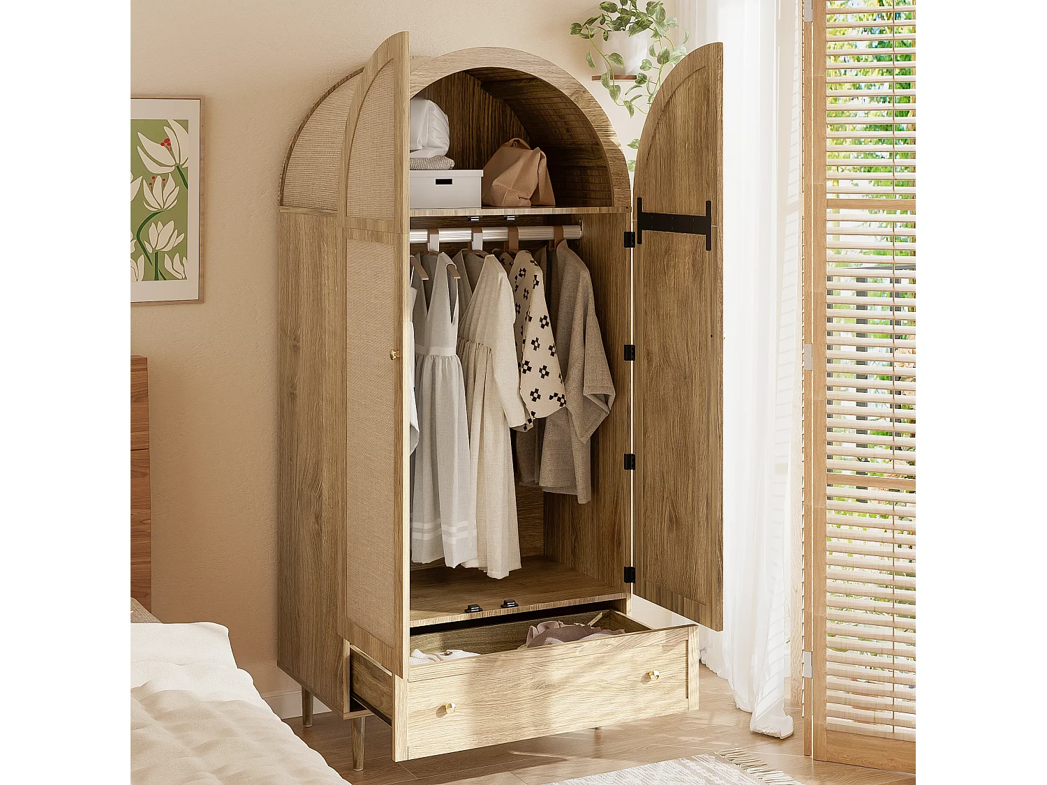 Armoire avec tiroir et 2 portes en bois recouvertes de lin - Naturel clair