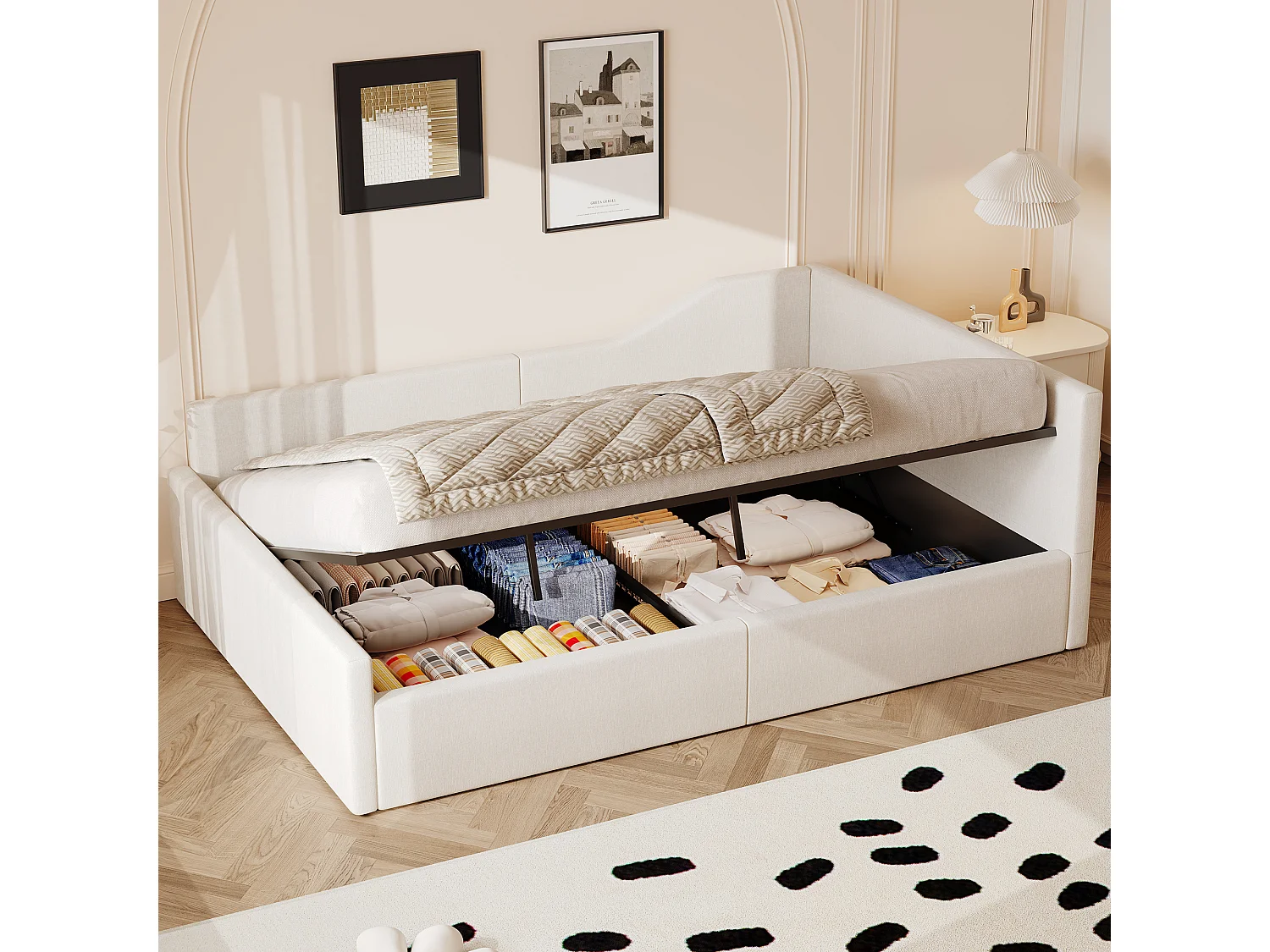 Lit adulte coffre 140x200 cm en lin beige - Lit banquette avec sommier à lattes