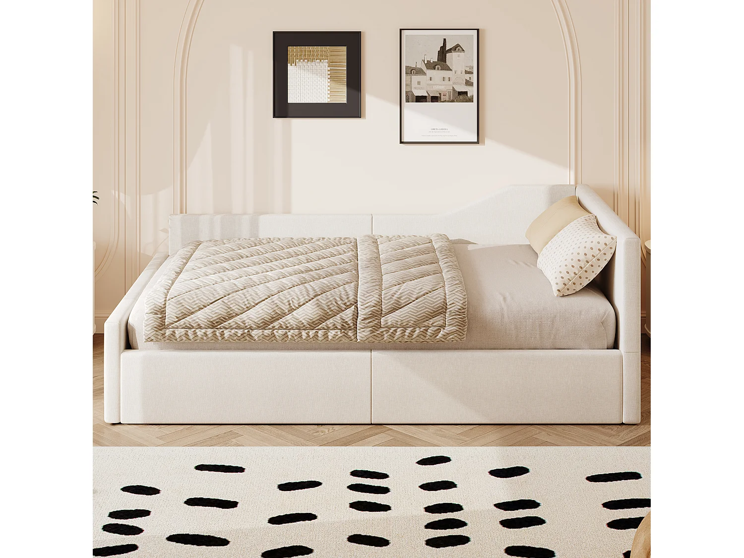 Lit adulte coffre 140x200 cm en lin beige - Lit banquette avec sommier à lattes