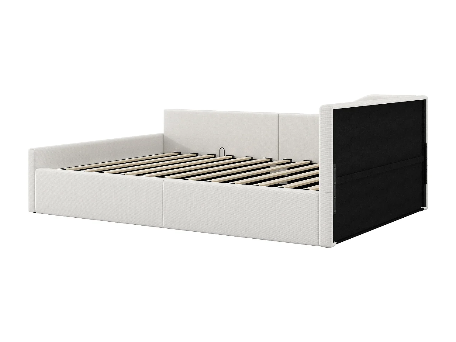 Lit adulte coffre 140x200 cm en lin beige - Lit banquette avec sommier à lattes