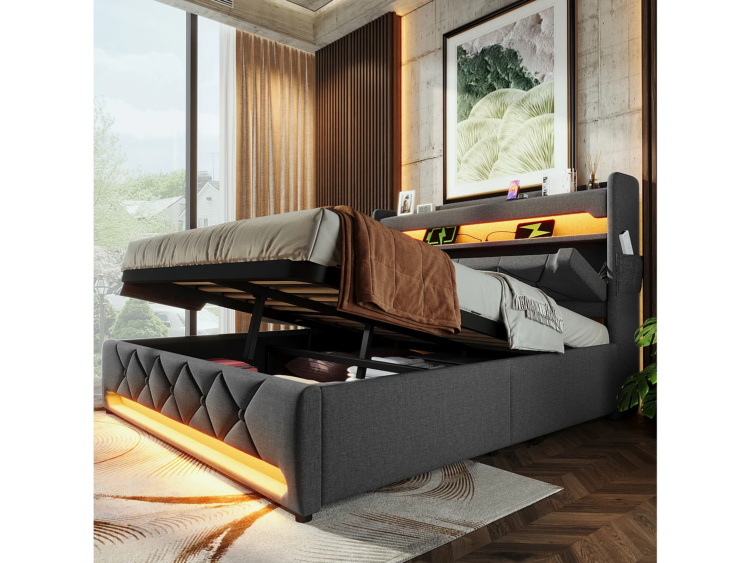 Lit coffre adulte 140x190 cm avec ports USB et Type-C, LED - Tissu lin gris