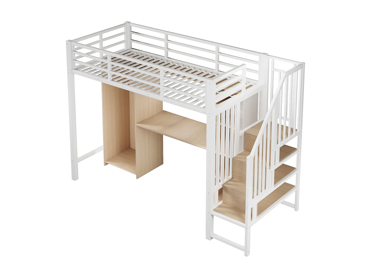 Lit mezzanine 90 x 200 cm avec rangements, armoire et bureau - Structure en fer - Blanc et bois clair