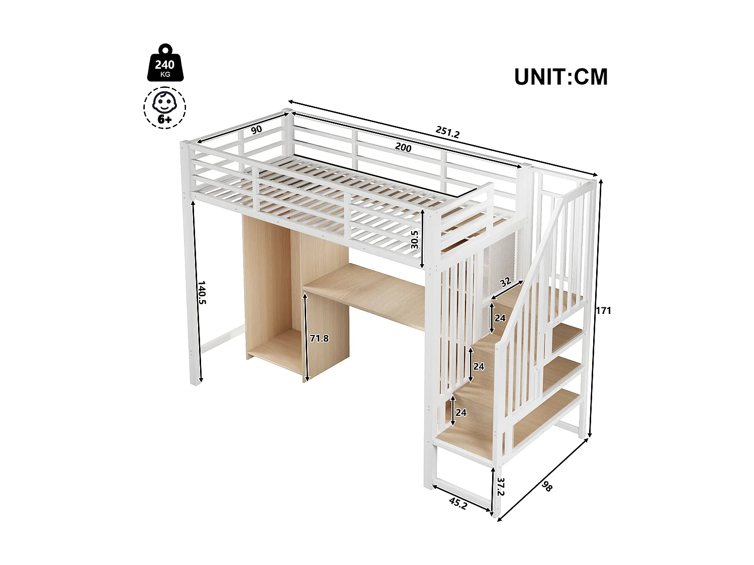 Lit mezzanine 90 x 200 cm avec rangements, armoire et bureau - Structure en fer - Blanc et bois clair