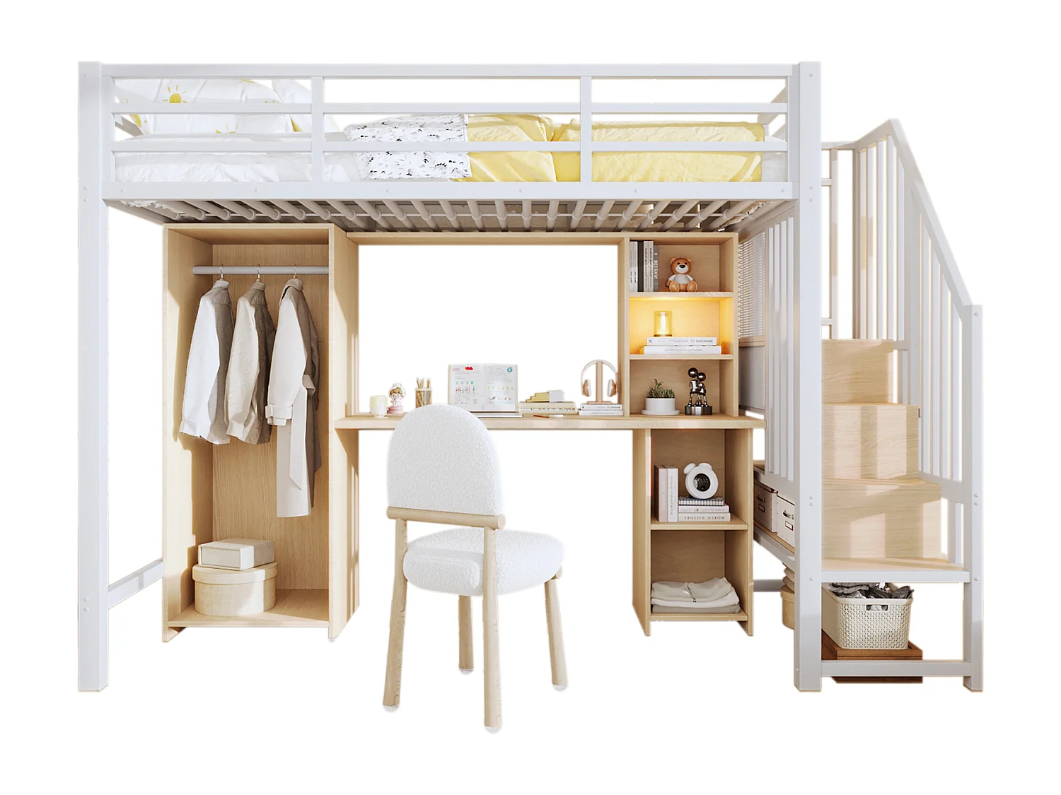 Lit mezzanine 90 x 200 cm avec rangements, armoire et bureau - Structure en fer - Blanc et bois clair